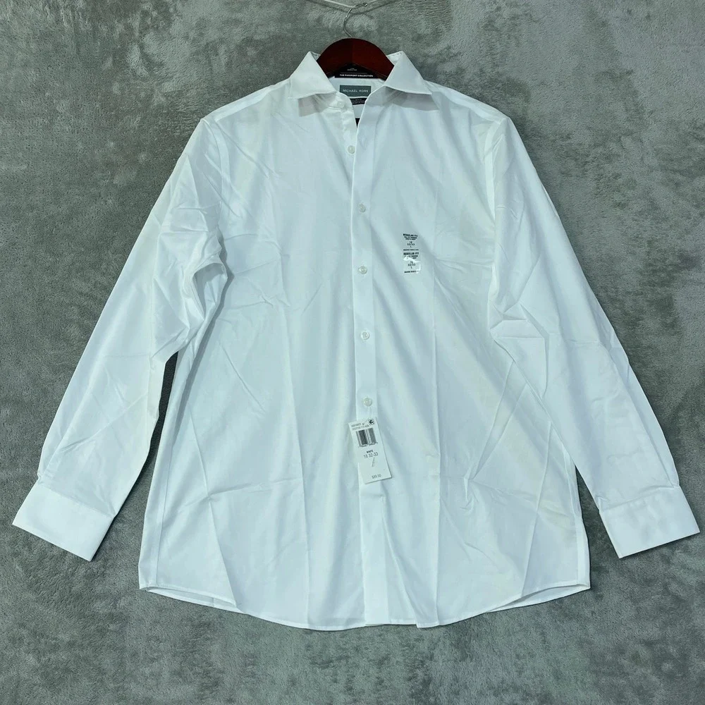 NWT Michael Kors Men's L 16 32-33 White Passport Regular Fit Dress Shirt